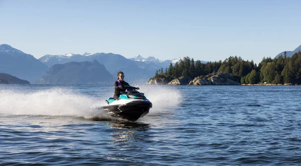 Adventurous Caucasian Woman Water Scooter Riding Ocean Howe Sound Mountain — Photo