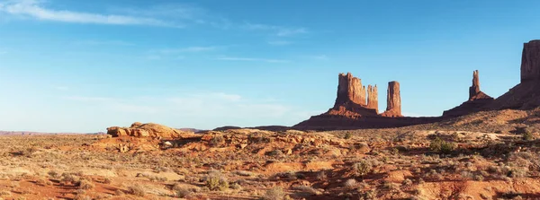 Desert Rocky Mountain American Landscape. Sunny Blue Sky Day. Oljato-Monument Valley, Utah, United States. Nature Background Panorama