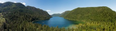 Aerial Panoramic View of Cameron Lake during a vibrant sunny day. Vancouver Island, British Columbia, Canada. Canadian Nature Background
