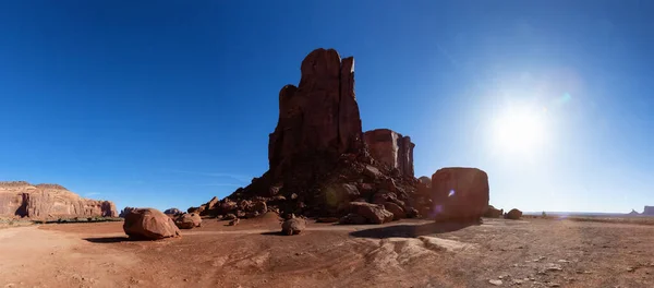 Desert Rocky Mountain American Landscape. Sunny Morning Sunrise. Oljato-Monument Valley, Utah, United States. Nature Background Panorama.