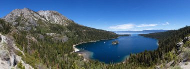 Panoramic View of Large Bay and Lake with Boats, Small Island, Trees and Mountains. Summer Season. Emerald Bay, Lake Tahoe. California, United States. Nature Background. Panorama
