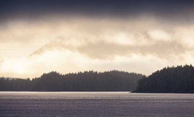 Tofino, Vancouver Island, British Columbia, Canada. View of Canadian Mountain Landscape on the West Coast of Pacific Ocean. Nature Background. Sunset Sky.