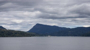 Treed Island with Homes and ferry passing by, surrounded by ocean and mountains. Summer Season. Gulf Islands near Vancouver Island, British Columbia, Canada. Canadian Landscape.