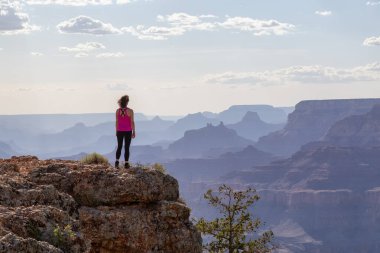 Adventurous Traveler standing on Desert Rocky Mountain American Landscape. Cloudy Sunny Sky. Grand Canyon National Park, Arizona, United States. Adventure Travel