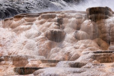 Renkli zemin formasyonlu Sıcak Bahar Manzarası. Mamut Kaplıcaları, Yellowstone Ulusal Parkı, Wyoming, ABD. Doğa Arkaplanı.