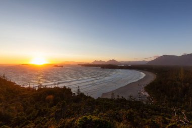 Sandy Beach on the West Coast of Pacific Ocean. Canadian Nature Landscape Background. Cox Bay Lookout, Tofino, Vancouver Island, BC, Canada.