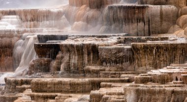 Renkli zemin formasyonlu Sıcak Bahar Manzarası. Mamut Kaplıcaları, Yellowstone Ulusal Parkı, Wyoming, ABD. Doğa Arkaplanı.