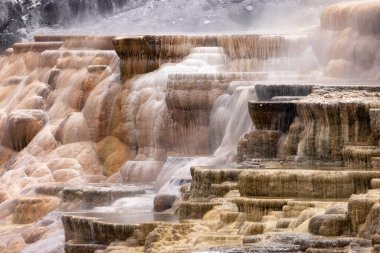 Renkli zemin formasyonlu Sıcak Bahar Manzarası. Mamut Kaplıcaları, Yellowstone Ulusal Parkı, Wyoming, ABD. Doğa Arkaplanı.