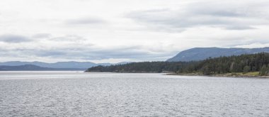 Islands surrounded by ocean and mountains. Summer Season. Gulf Islands near Vancouver Island, British Columbia, Canada. Canadian Landscape. Overcast
