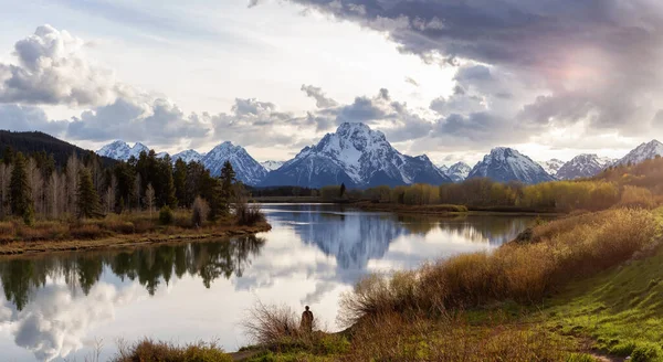 River Surrounded Trees Mountains American Landscape Snake River Oxbow Bend — Fotografia de Stock