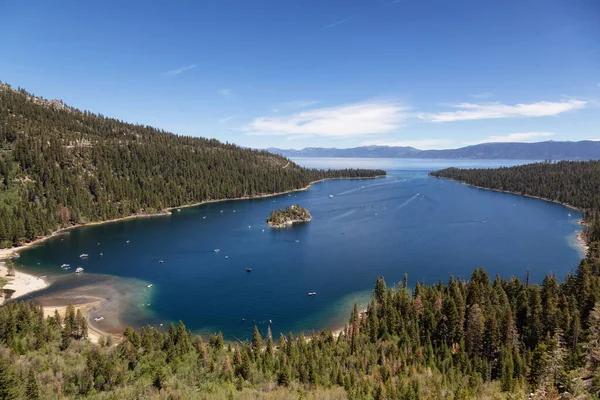 View of Large Bay and Lake with Boats, Small Island, Trees and Mountains. Summer Season. Emerald Bay, Lake Tahoe. California, United States. Nature Background.