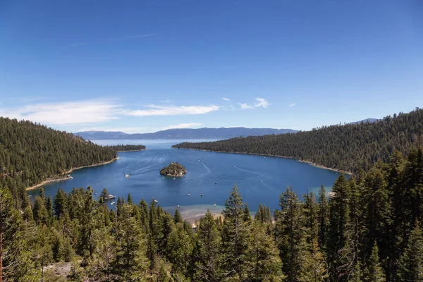 View of Large Bay and Lake with Boats, Small Island, Trees and Mountains. Summer Season. Emerald Bay, Lake Tahoe. California, United States. Nature Background.