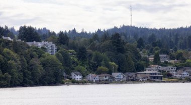 Homes by the water, surrounded by tees and mountains. Summer Season. Nanaimo, Vancouver Island, British Columbia, Canada. City Background.