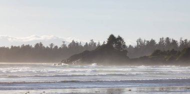 Waves on the Pacific Ocean on a sandy and rocky beach. West Coast. Sunny Summer. Cox Bay, Tofino, Vancouver Island, BC, Canada. Canadian Nature Background.