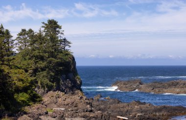 Rugged Rocks on a rocky shore on the West Coast of Pacific Ocean. Summer Morning Sky. Ucluelet, Vancouver Island, British Columbia, Canada. Nature Background
