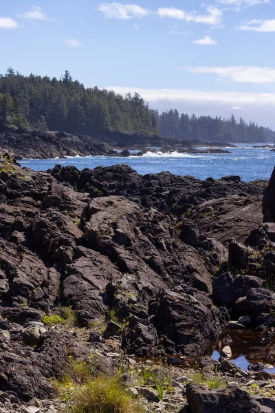 Rugged Rocks on a rocky shore on the West Coast of Pacific Ocean. Summer Morning Sky. Ucluelet, Vancouver Island, British Columbia, Canada. Nature Background