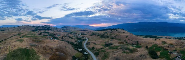 Aerial View Scenic Road Desert Colorful Cloudy Sunrise Vernon Okanagan — Stok fotoğraf