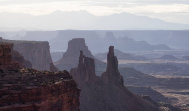 Scenic American Landscape and Red Rock Mountains in Desert Canyon. Spring Season. Canyonlands National Park. Utah, United States. Nature Background. Sunrise
