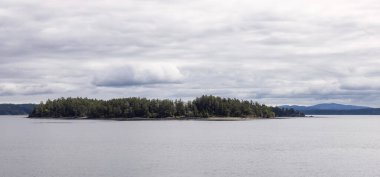 Island with Trees, surroiunded by Ocean and Mountains. Summer Season. Gulf Islands near Vancouver Island, British Columbia, Canada. Canadian Landscape.