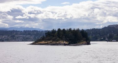 Islands with Trees and Lighthouse surrounded by Homes on a Cloudy Day. Summer Season. Nanaimo., Vancouver Island, British Columbia, Canada. City Background.