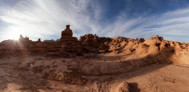 Red Rock Formations in Desert at Sunny Sunrise. Spring Season. Goblin Valley State Park. Utah, United States. Nature Background Panorama