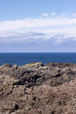 Rugged Rocks on a rocky shore on the West Coast of Pacific Ocean. Summer Morning Sky. Ucluelet, Vancouver Island, British Columbia, Canada. Nature Background