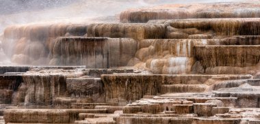Renkli zemin formasyonlu Sıcak Bahar Manzarası. Mamut Kaplıcaları, Yellowstone Ulusal Parkı, Wyoming, ABD. Doğa Arkaplanı.