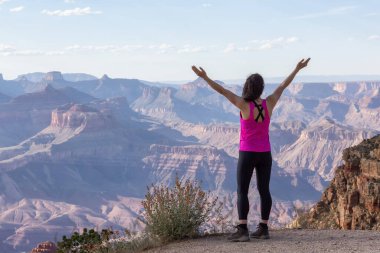 Adventurous Traveler standing on Desert Rocky Mountain American Landscape. Cloudy Sunny Sky. Grand Canyon National Park, Arizona, United States. Adventure Travel