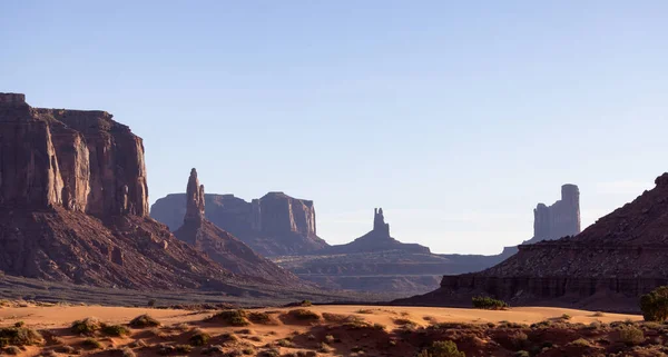 Desert Rocky Mountain American Landscape. Morning Sunny Sunrise Sky. Oljato-Monument Valley, Utah, United States. Nature Background