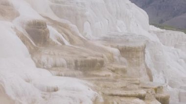 Hot Spring Landscape with colorful ground formation. Mammoth Hot Springs, Yellowstone National Park, Wyoming, United States. Nature Background. Slow Motion