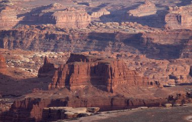 Scenic American Rugged Landscape and Red Rock Mountains in Desert Canyon. Spring Season. Canyonlands National Park. Utah, United States. Nature Background View. Sunset