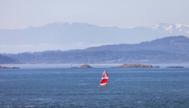 Sailboat in Canadian Landscape by the ocean and mountains. Summer Season. Gulf Islands near Vancouver Island, British Columbia, Canada. Canadian Landscape.