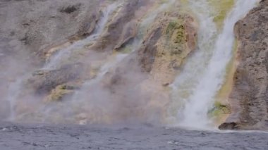 River and Hot spring Geyser with colorful water in American Landscape. Yellowstone National Park, Wyoming, United States. Nature Background, Slow Motion