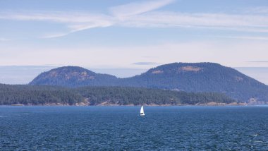 Sailboat in Canadian Landscape by the ocean and mountains. Summer Season. Gulf Islands near Vancouver Island, British Columbia, Canada. Canadian Landscape.