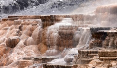 Renkli zemin formasyonlu Sıcak Bahar Manzarası. Mamut Kaplıcaları, Yellowstone Ulusal Parkı, Wyoming, ABD. Doğa Arkaplanı.