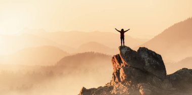 Adventurous Woman Hiking on the Rocky Coast with Mountains and Dramatic Sunset Sky. Adventure Composite. 3d Rendering Rocks. Background from West Coast of British Columbia, Canada.