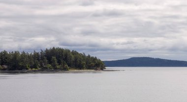 Island with Trees, surroiunded by Ocean and Mountains. Summer Season. Gulf Islands near Vancouver Island, British Columbia, Canada. Canadian Landscape.