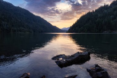 Canadian Nature Background during colorful Sunset. Harrison River, British Columbia, Canada.