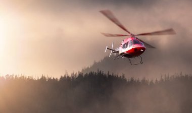 Helicopter Flying over the West Coast Pacific Ocean. Extreme Adventure Composite. 3D Rendering Heli. Background Image from Tofino, Vancouver Island, British Columbia, Canada. Dramatic Sunset