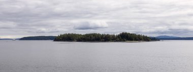 Island with Trees, surroiunded by Ocean and Mountains. Summer Season. Gulf Islands near Vancouver Island, British Columbia, Canada. Canadian Landscape.