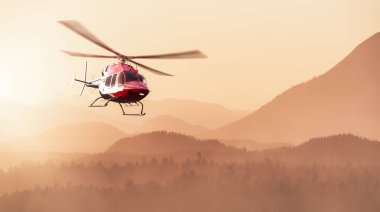 Helicopter Flying over the West Coast Pacific Ocean. Extreme Adventure Composite. 3D Rendering Heli. Background Image from Tofino, Vancouver Island, British Columbia, Canada. Dramatic Sunset
