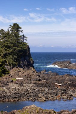 Rugged Rocks on a rocky shore on the West Coast of Pacific Ocean. Summer Morning Sky. Ucluelet, Vancouver Island, British Columbia, Canada. Nature Background