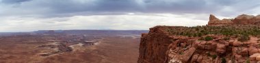 Scenic Panoramic View of American Landscape and Red Rock Mountains in Desert Canyon. Colorful Sky. Canyonlands National Park. Utah, United States. Nature Background Panorama