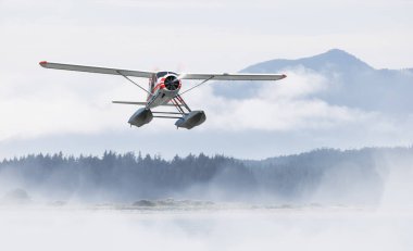 Seaplane Flying over the West Coast Pacific Ocean. Adventure Composite. 3D Rendering Airplane. Background Image from Tofino, Vancouver Island, British Columbia, Canada.