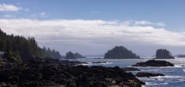 Rugged Rocks on a rocky shore on the West Coast of Pacific Ocean. Summer Morning Sky. Ucluelet, Vancouver Island, British Columbia, Canada. Nature Background