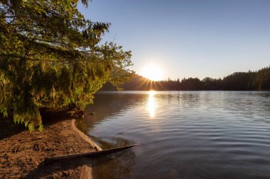 Kanada Doğa Manzarası 'nın üzerinde güneşli bir gün batımı. Hicks Lake, Sasquatch İl Parkı Harrison Hot Springs, British Columbia, Kanada yakınlarında. Arkaplan