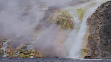 River and Hot spring Geyser with colorful water in American Landscape. Yellowstone National Park, Wyoming, United States. Nature Background, Slow Motion