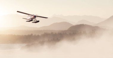 Seaplane Flying over the West Coast Pacific Ocean. Adventure Composite. 3D Rendering Airplane. Background Image from Tofino, Vancouver Island, British Columbia, Canada. Dramatic Sunset