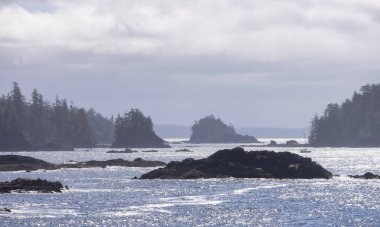 Rugged Rocks on a rocky shore on the West Coast of Pacific Ocean. Summer Morning Sky. Ucluelet, Vancouver Island, British Columbia, Canada. Nature Background