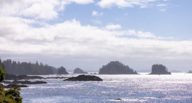 Rugged Rocks on a rocky shore on the West Coast of Pacific Ocean. Summer Morning Sky. Ucluelet, Vancouver Island, British Columbia, Canada. Nature Background